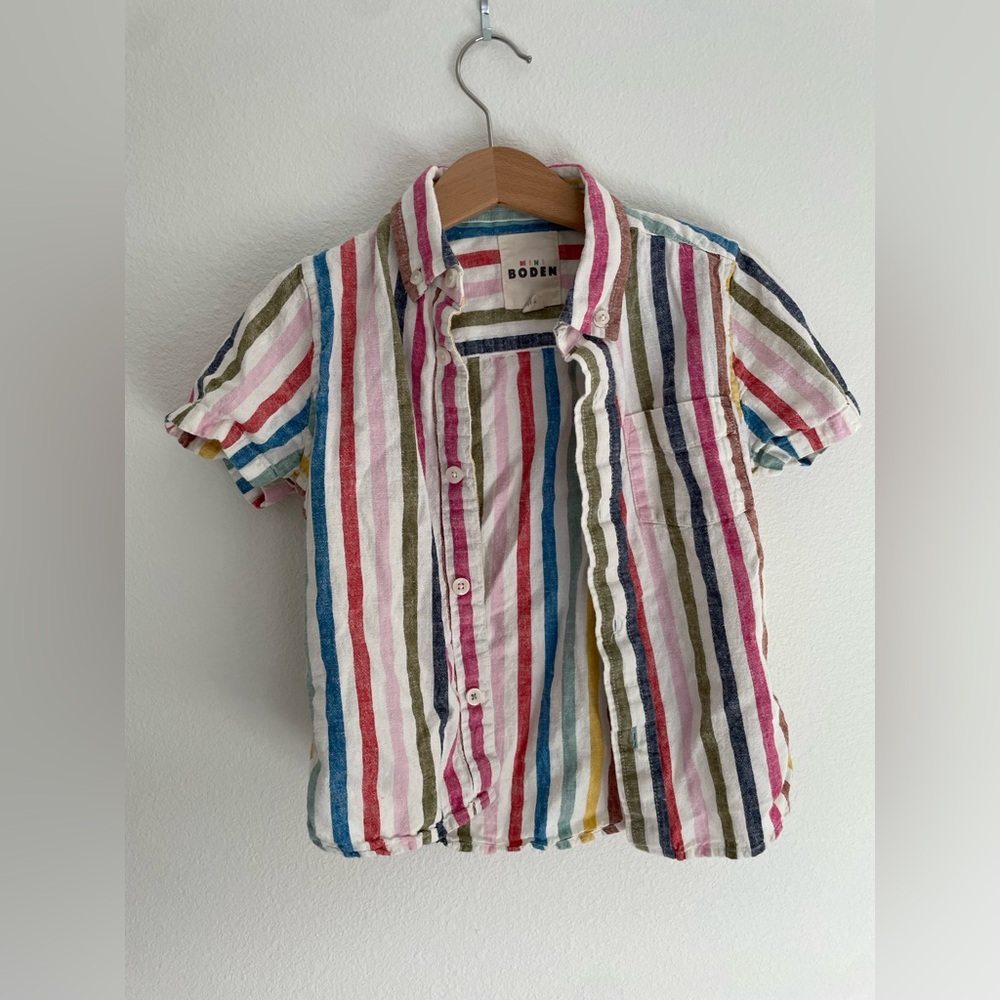Mini Boden Linen and Cotton Button Up Short Sleeve Shirt Rainbow Stripe